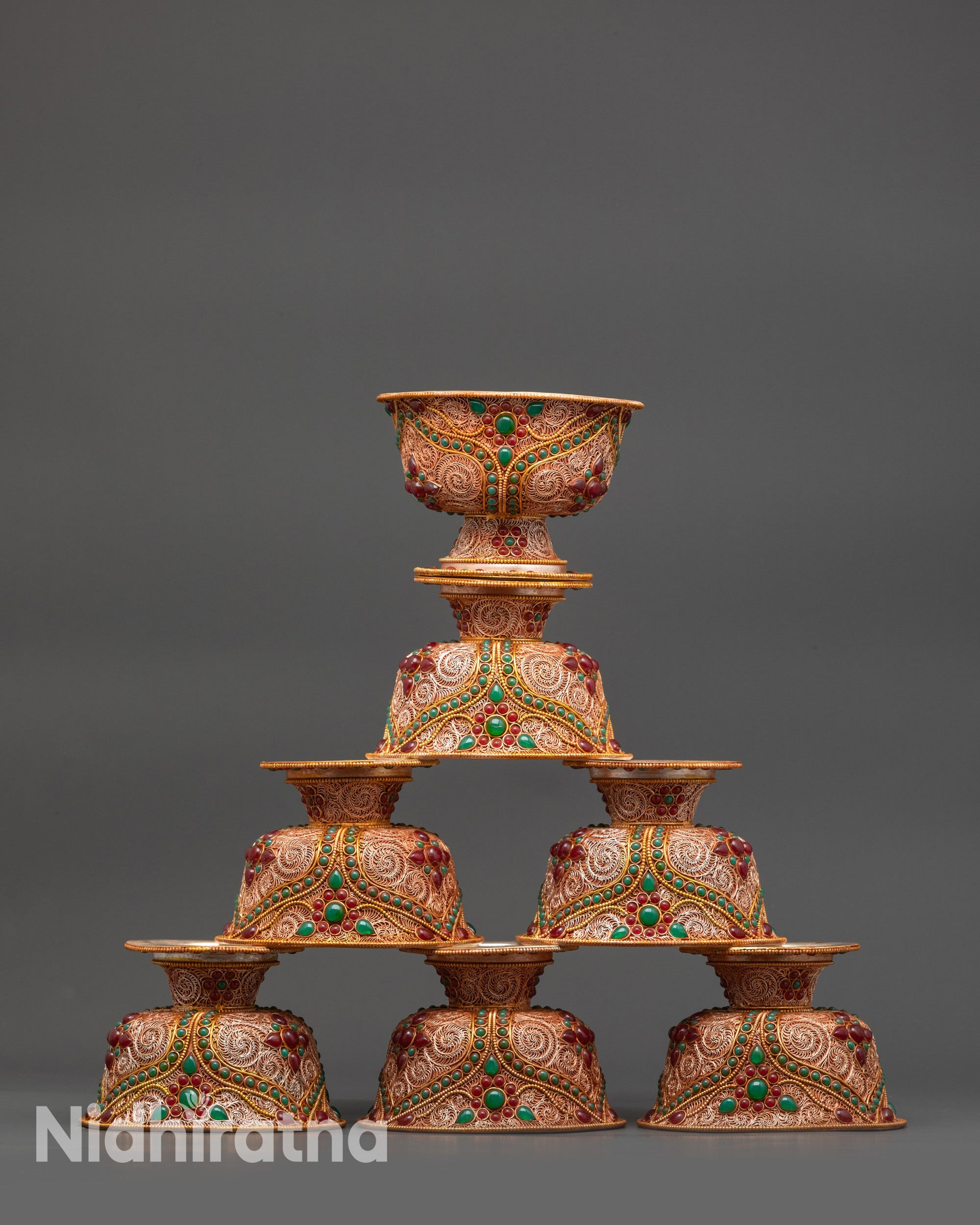 Front view Set of Seven Water Offering Bowl with filigree and gemstones
