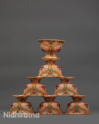 Front view Set of Seven Water Offering Bowl with filigree and gemstones
