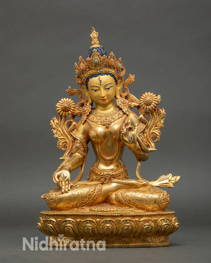 Front view Seven-Eyed White Tara statue with five-jewel crown and semi-precious stones