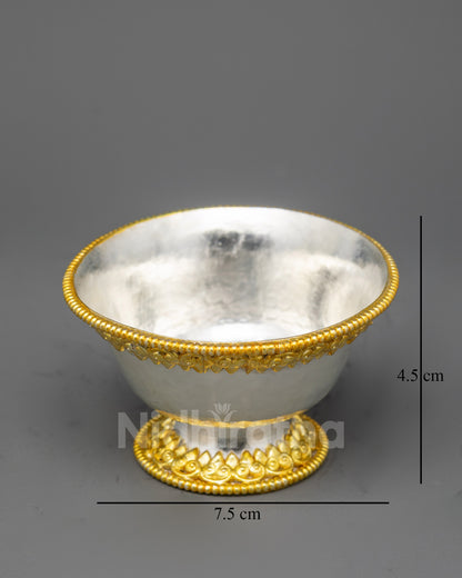Front view Seven Handcrafted Water Offering Bowls, gold & silver-plated Tibetan ritual set