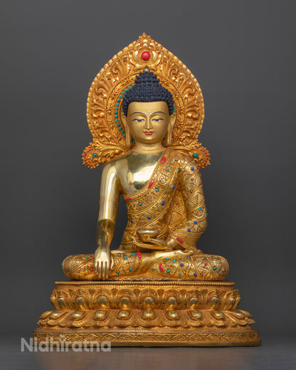 Front view Shakyamuni Buddha sculpture gold-painted face double lotus pedestal Nepal