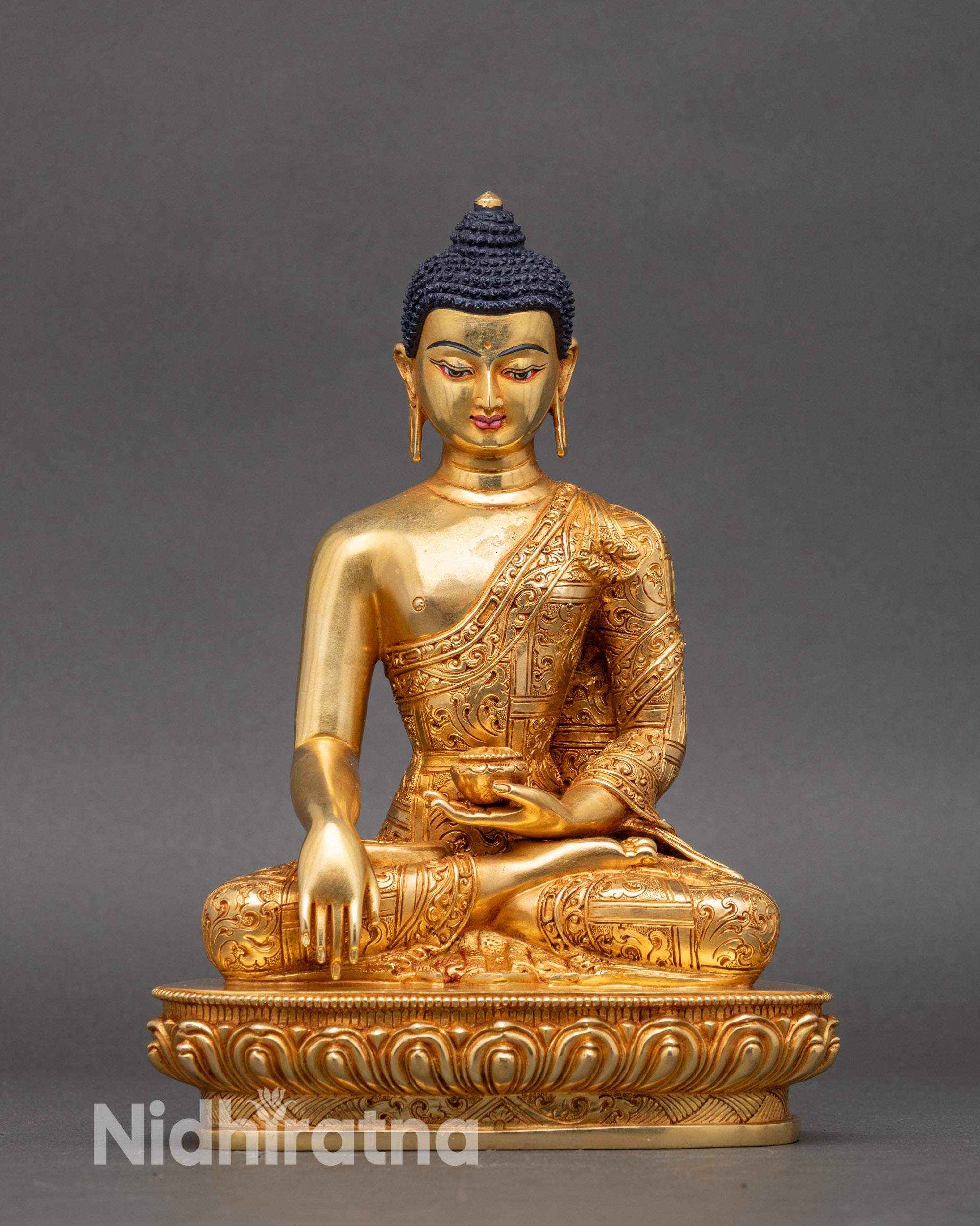Front view Shakyamuni Buddha statue 24K gold gilded copper lotus throne