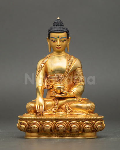 Front view Shakyamuni Buddha statue copper with gold Patan Nepal lotus throne