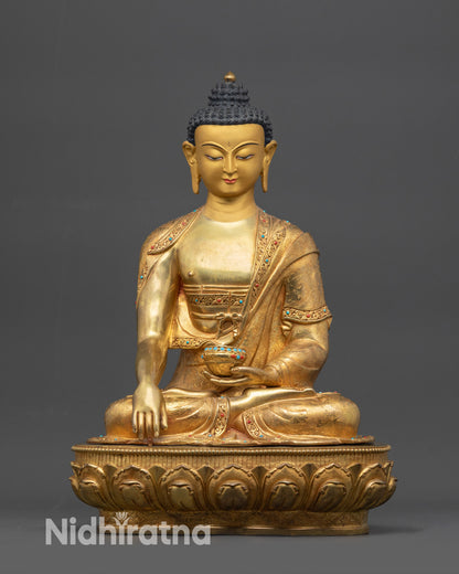 Front view Shakyamuni Buddha statue gold-gilded copper lotus padmasana pose
