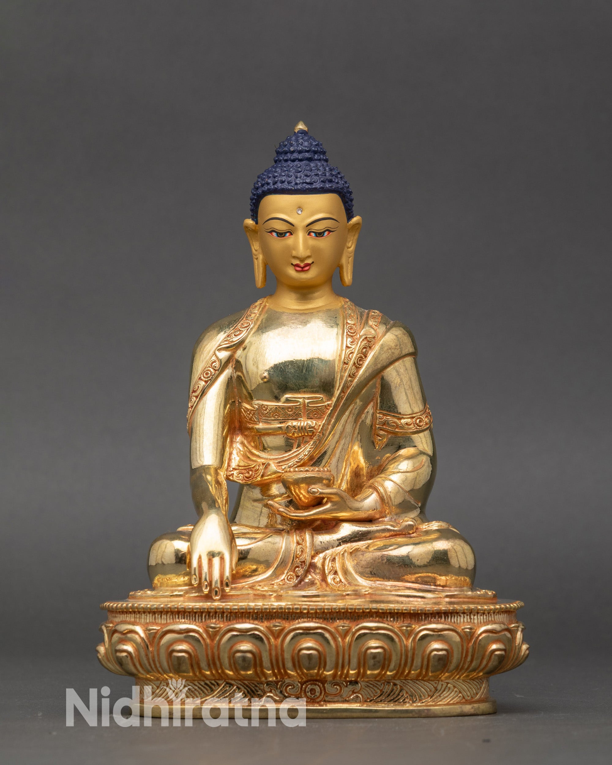 Front view Shakyamuni Buddha statue gold Nepal earth touching mudra meditation decor