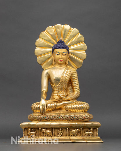Front view Shakyamuni Buddha statue gold face padmasana lotus pedestal Nepal