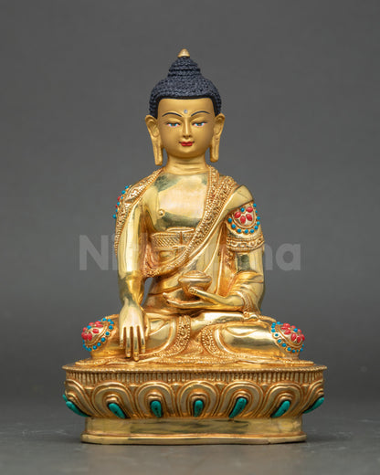 Front view Shakyamuni Buddha statue, gold fire-gilded copper, handcrafted Nepalese