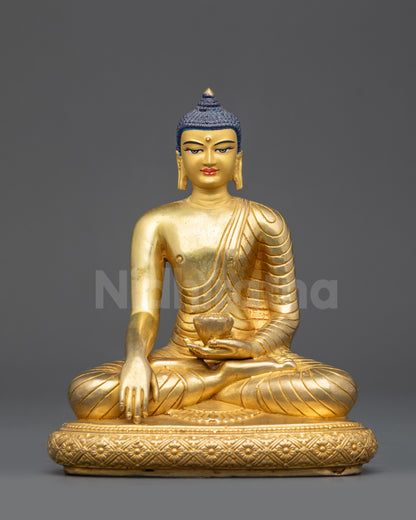 Front view Shakyamuni Buddha statue gold fire-gilded copper meditation artwork
