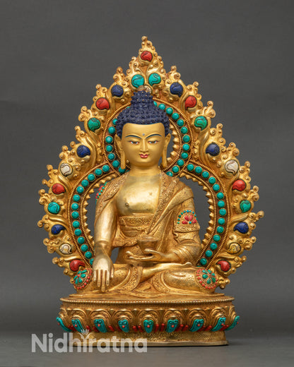Front view Shakyamuni Buddha statue gold gilded copper handmade Nepalese art