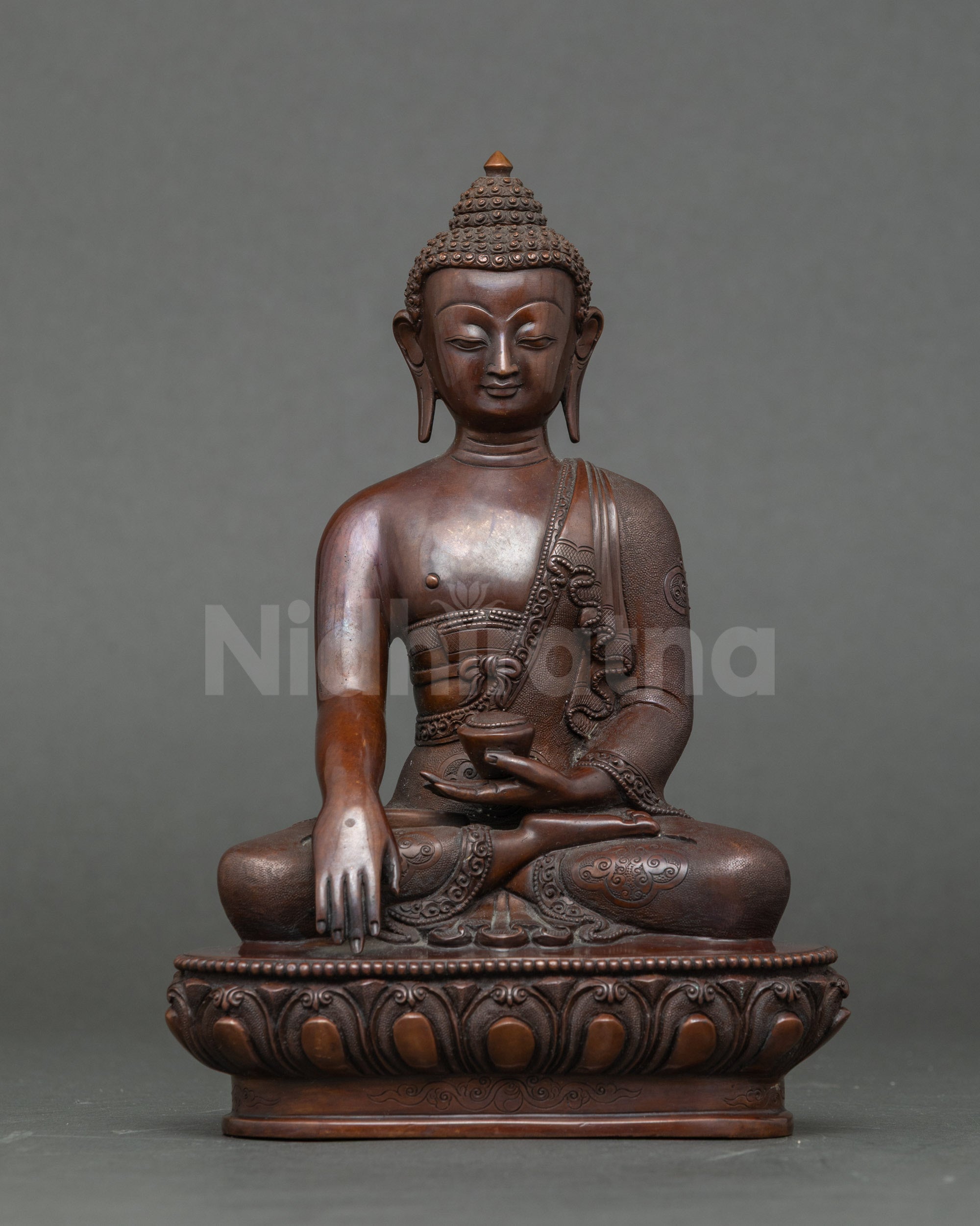 Front view Shakyamuni Buddha statue, handmade Nepalese copper, full oxidized finish