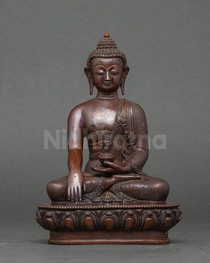 Front view Shakyamuni Buddha statue, handmade Nepalese copper, full oxidized finish