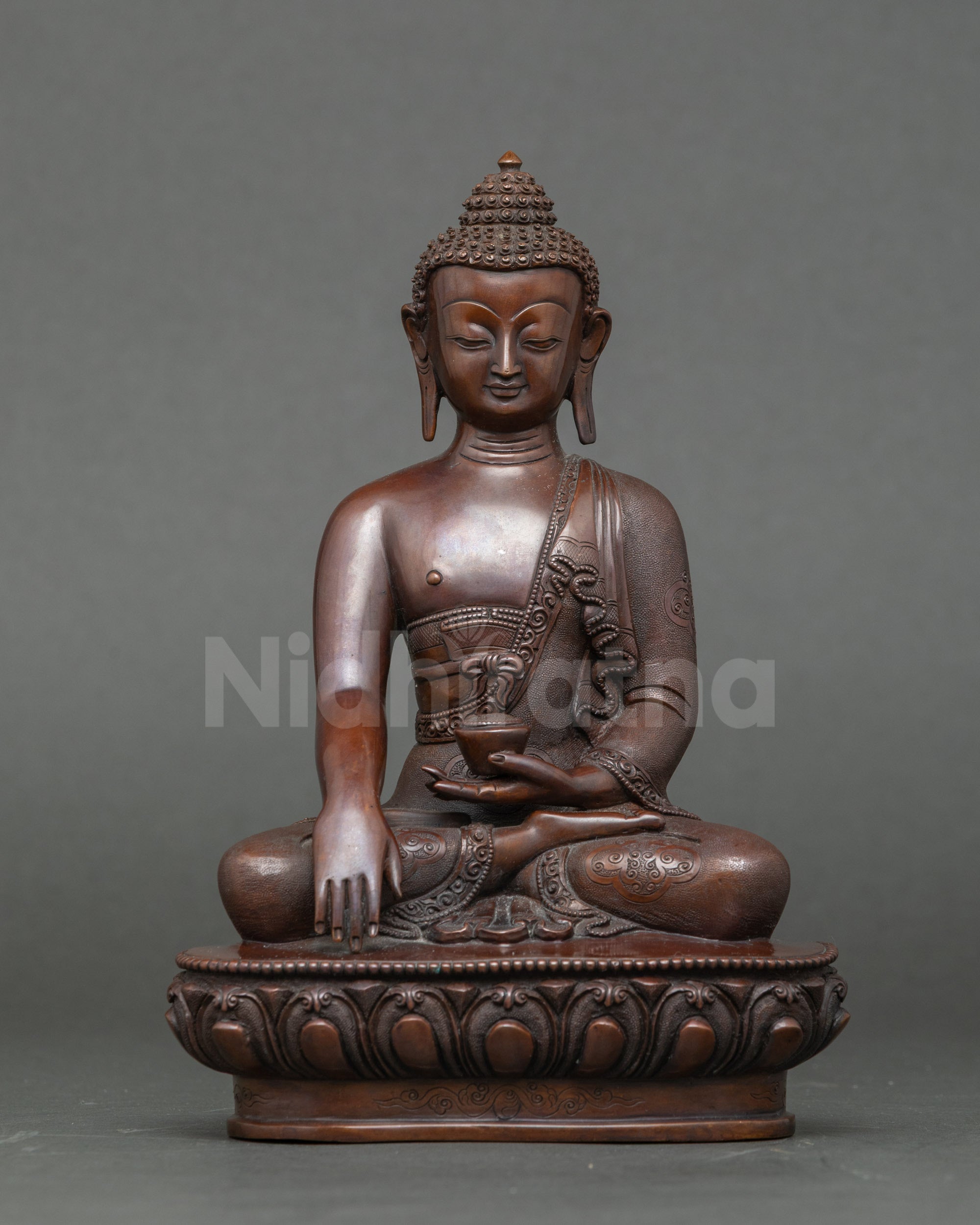 Front view Shakyamuni Buddha statue, handmade Nepalese copper with full oxidized finish
