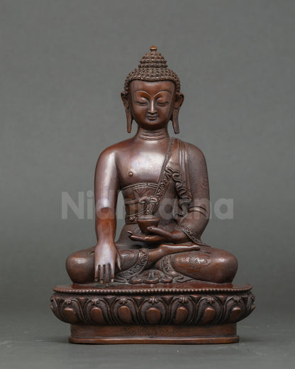 Front view Shakyamuni Buddha statue, handmade Nepalese copper with full oxidized finish