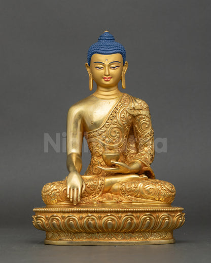 Front view Shakyamuni Buddha statue in Bhumisparsha Mudra, gold fire gilded Nepal sculpture