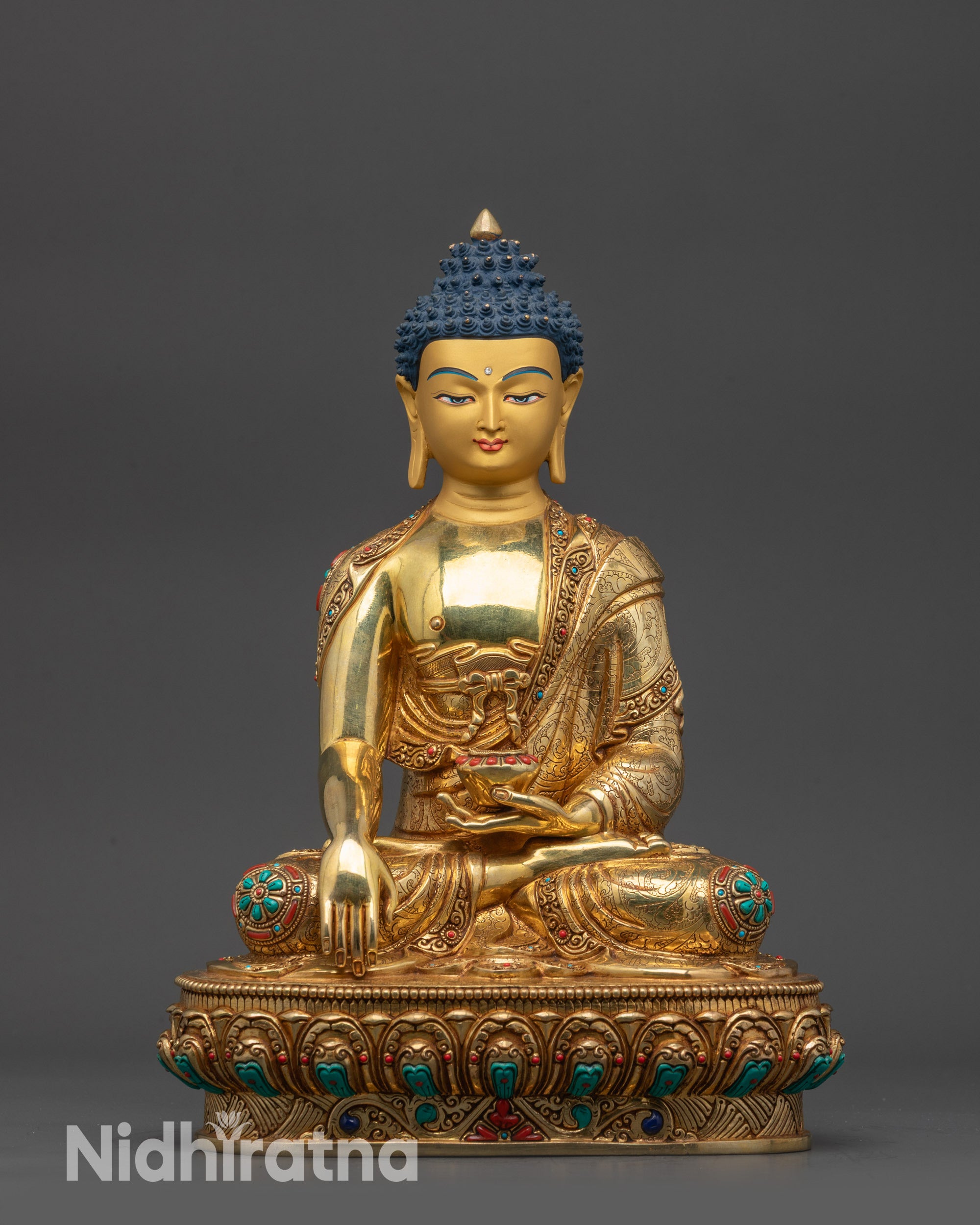 Front view Shakyamuni Buddha statue in lotus pose with 24K gold-gilded face