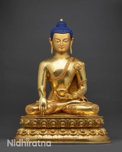 Front view Shakyamuni Buddha statue on lotus pedestal for meditation altar decor
