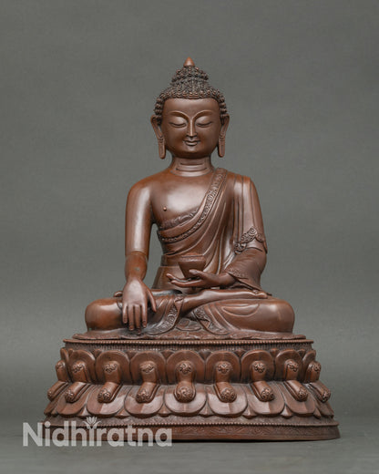 Front view Shakyamuni Buddha statue oxidized copper, seated on lotus seat for meditation