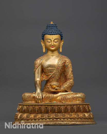 Front view Shakyamuni Buddha statue with gold-gilded face and lotus pedestal from Nepal
