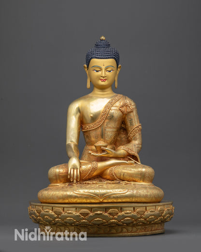 Front view Shakyamuni Buddha statue with tranquil gold-gilded face and begging bowl

