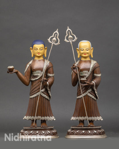 Front view Shakyamuni Buddha with Sariputra and Maudgalyayana statue in Nepalese copper