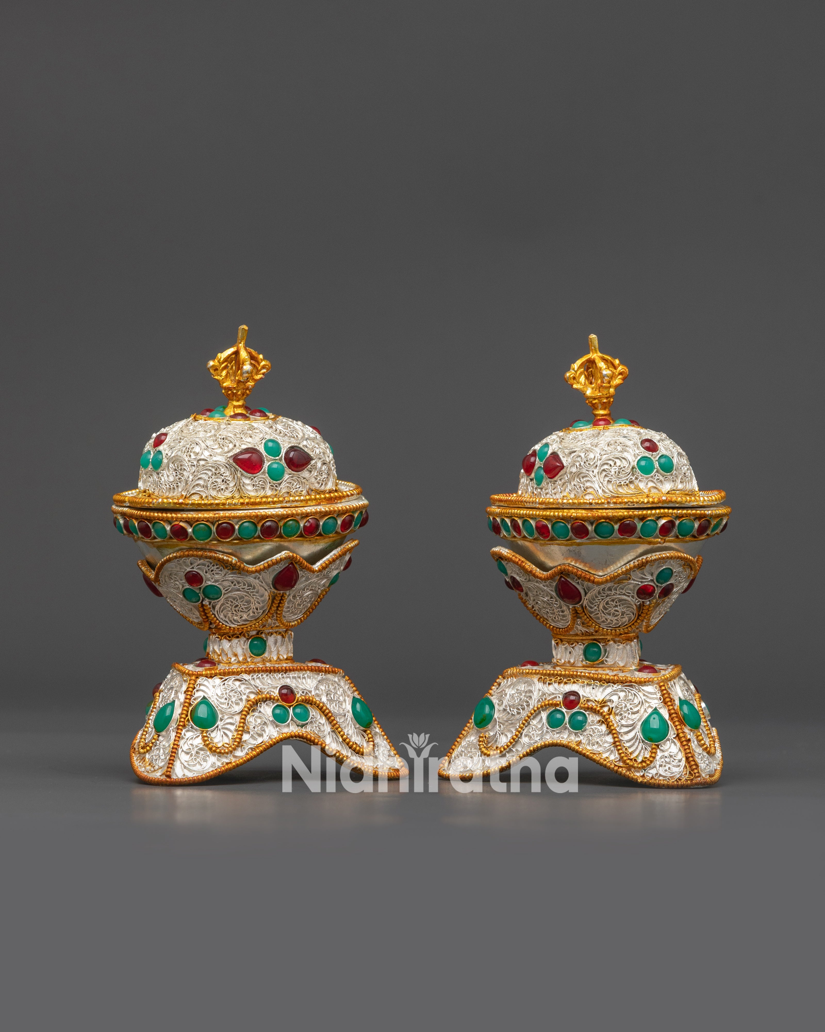 Front view Silver-Plated Kapala Set with gemstones for Tibetan rituals