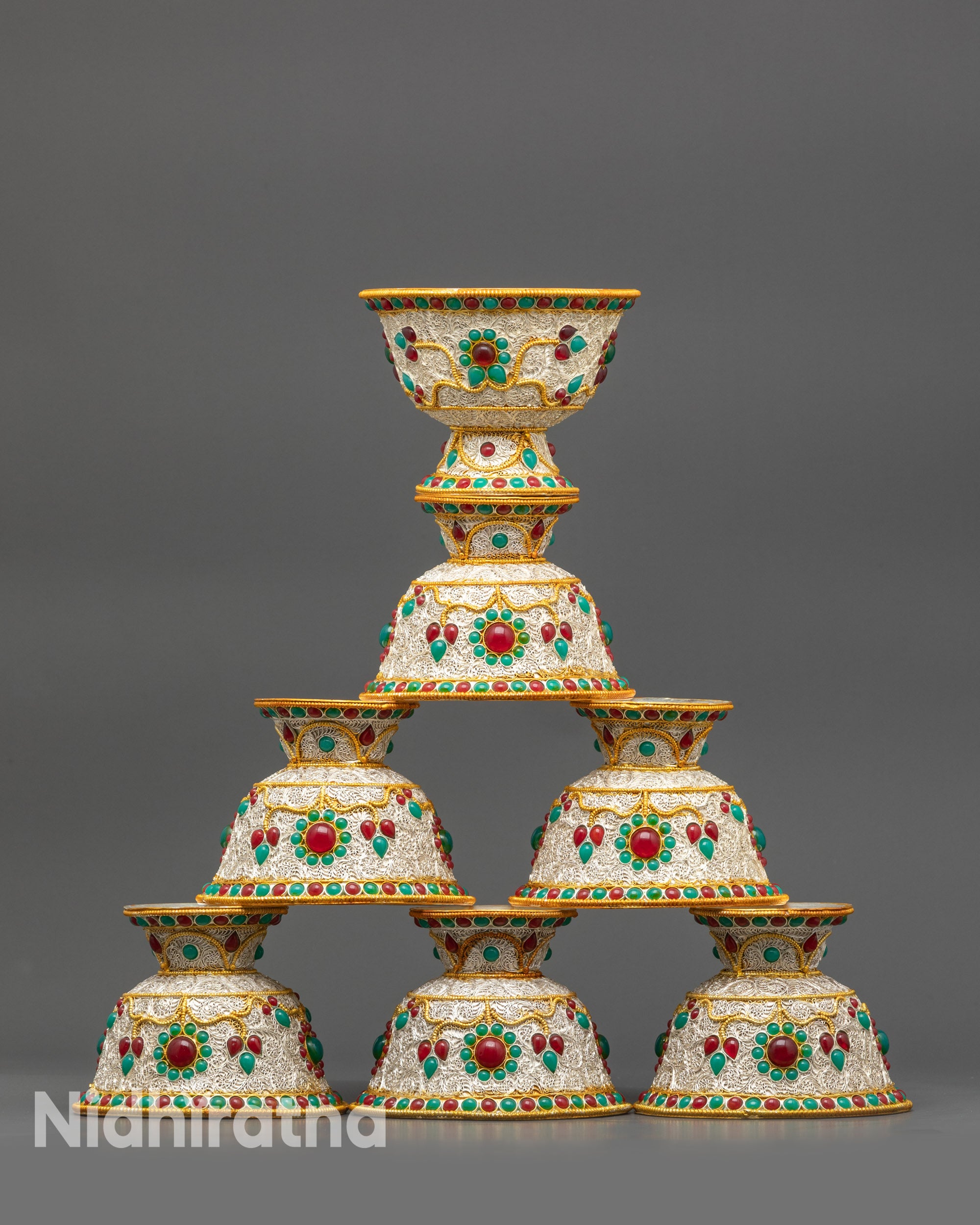 Front view Silver-Plated Water Offering Bowl with filigree and gemstones
