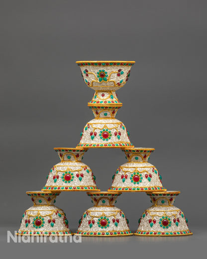 Front view Silver-Plated Water Offering Bowl with filigree and gemstones
