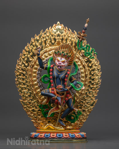 Front view Simha Mukha Statue with dark-blue body, five-skull crown, and gold-plated halo