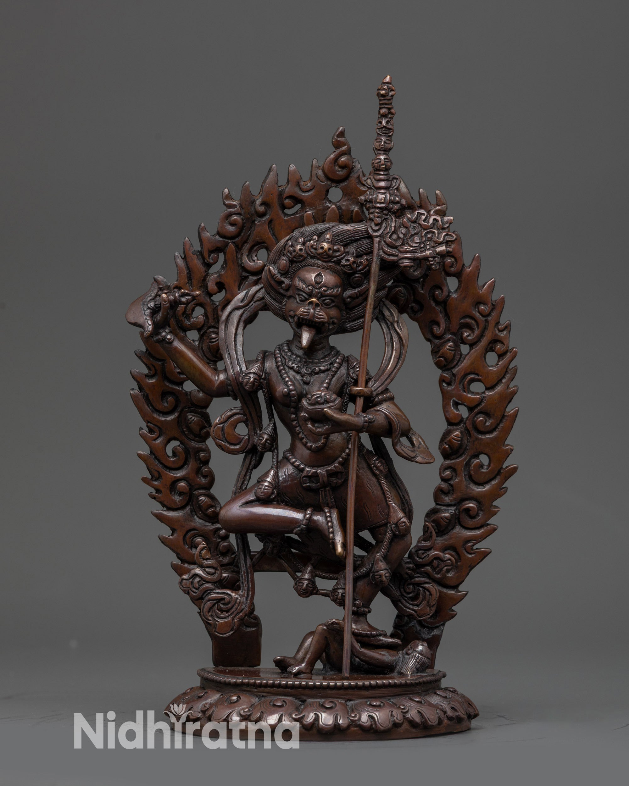 9” lion-faced oxidized copper Buddha