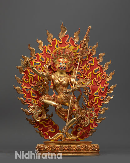Front view Simhamukha Statue with gold-gilded face and fire-gilded body on copper base

