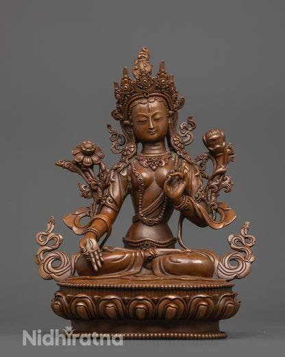 Front view Sita Tara Statue oxidized copper with seven eyes and jeweled crown

