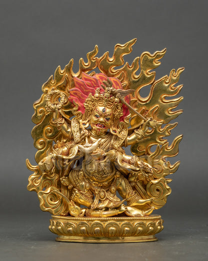 Front view Six-Armed Mahakala statue in gold-detailed copper, Buddhist Dharma Protector Nepal