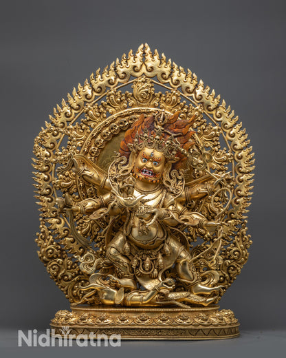 Front view Six-Armed Mahakala statue with gold-gilded face on lotus seat