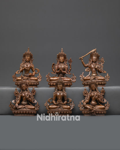 Front view Six Bodhisattva Set oxidized copper statues with lotus seats and intricate crowns