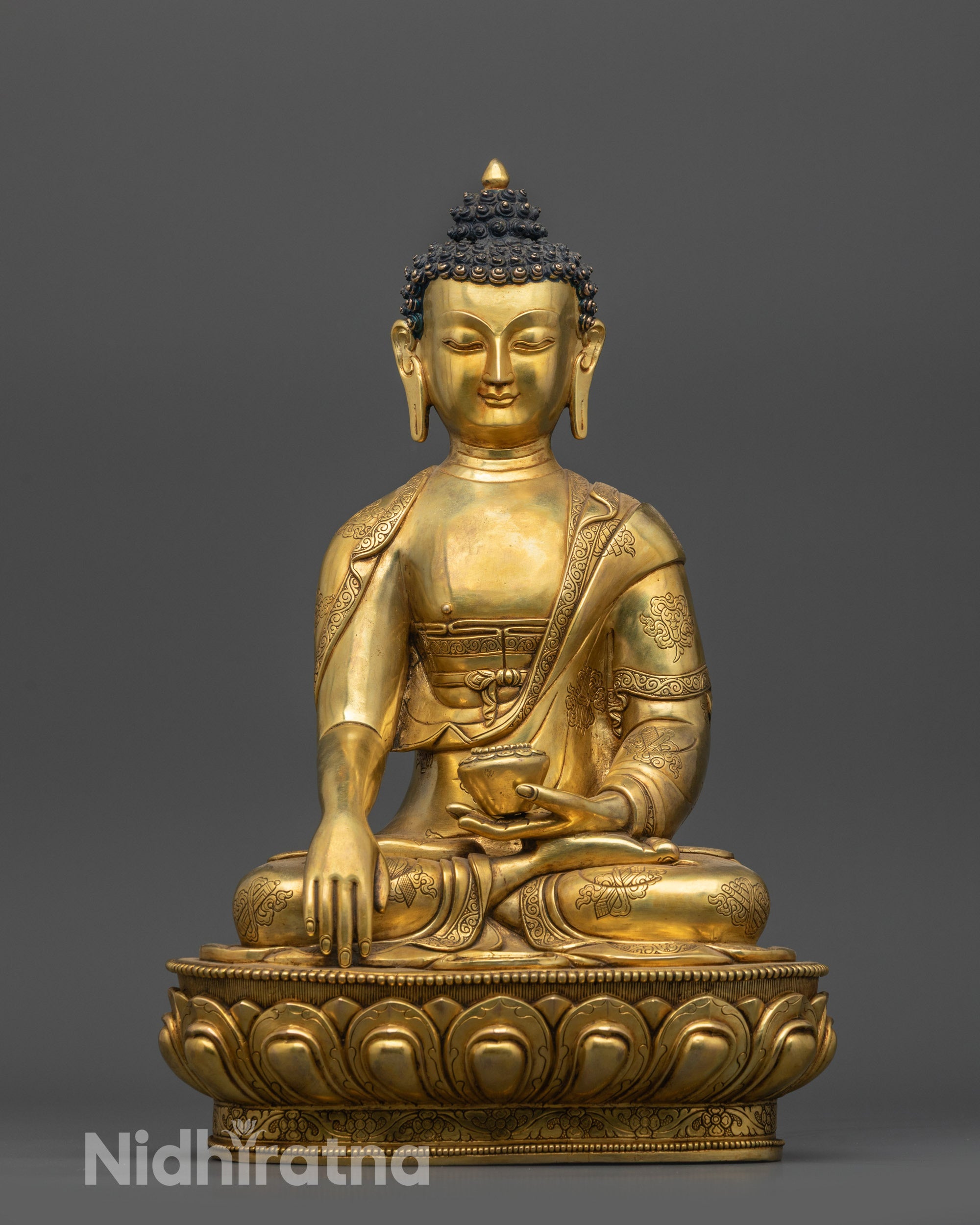 Front view Smooth Shakyamuni Buddha Statue seated on lotus with Patra bowl
