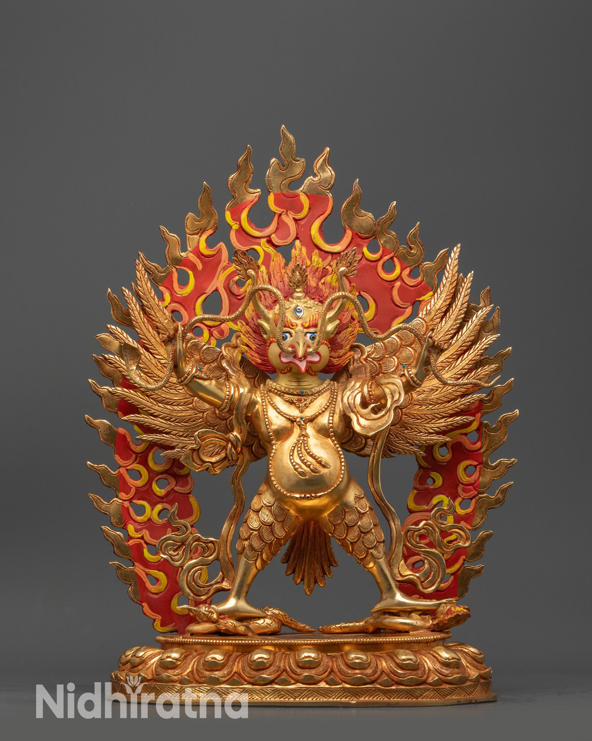 Front view Spiritual Garuda Dev Statue with gold-fire gilded body and lotus seat
