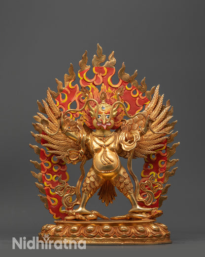 Front view Spiritual Garuda Dev Statue with gold-fire gilded body and lotus seat
