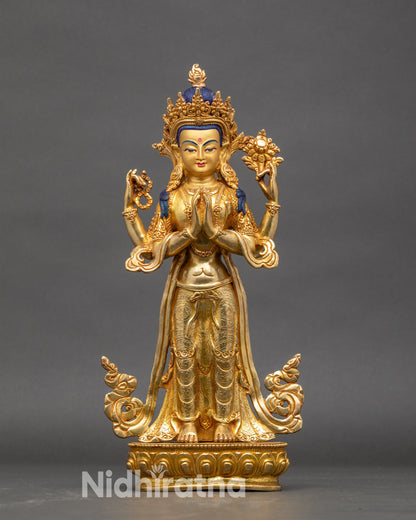 Front view Standing Chenrezig gold fire-gilded Himalayan Buddhist statue