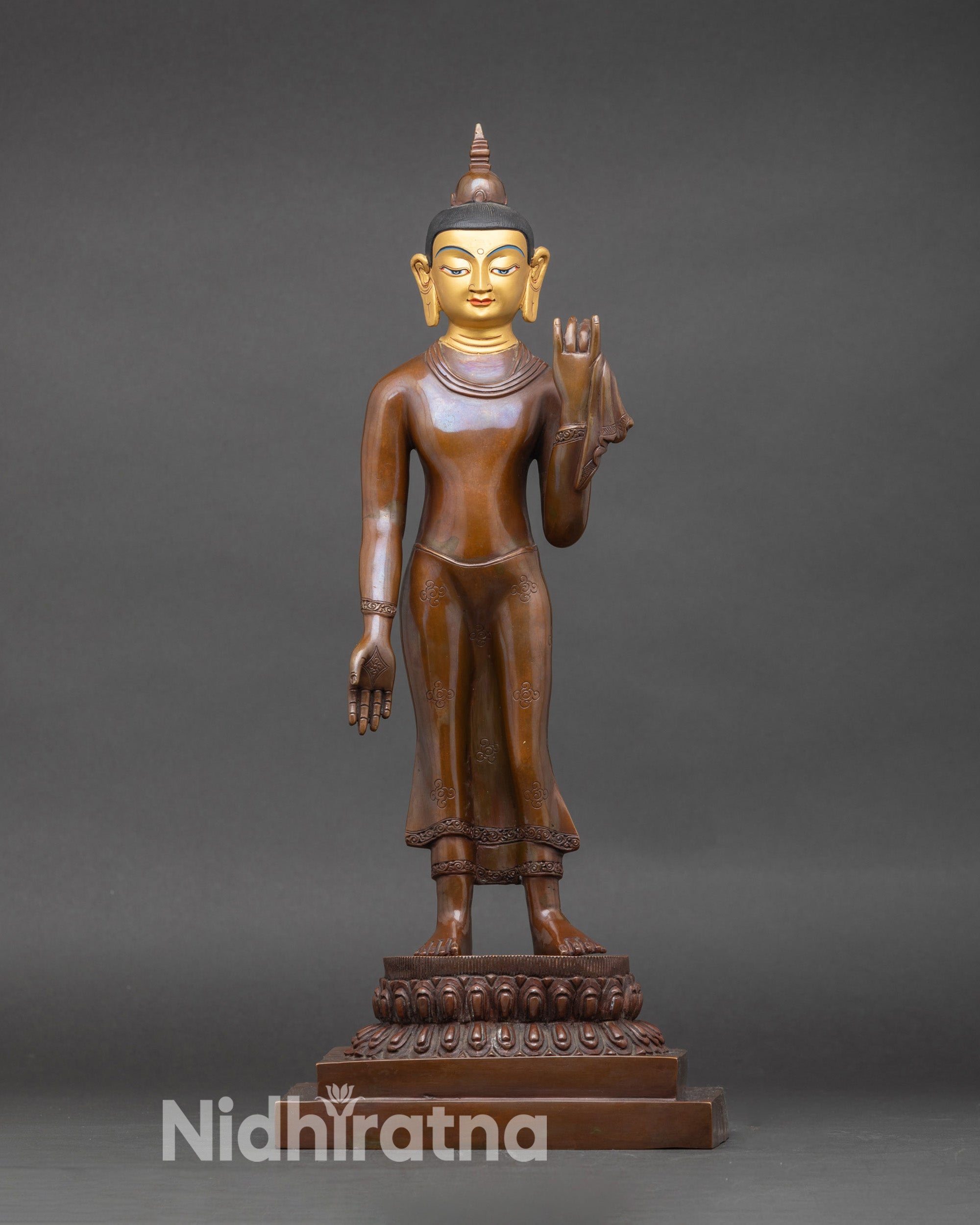 Front view Standing Maitreya Buddha statue oxidized copper with gold-painted face handmade in Patan Nepal