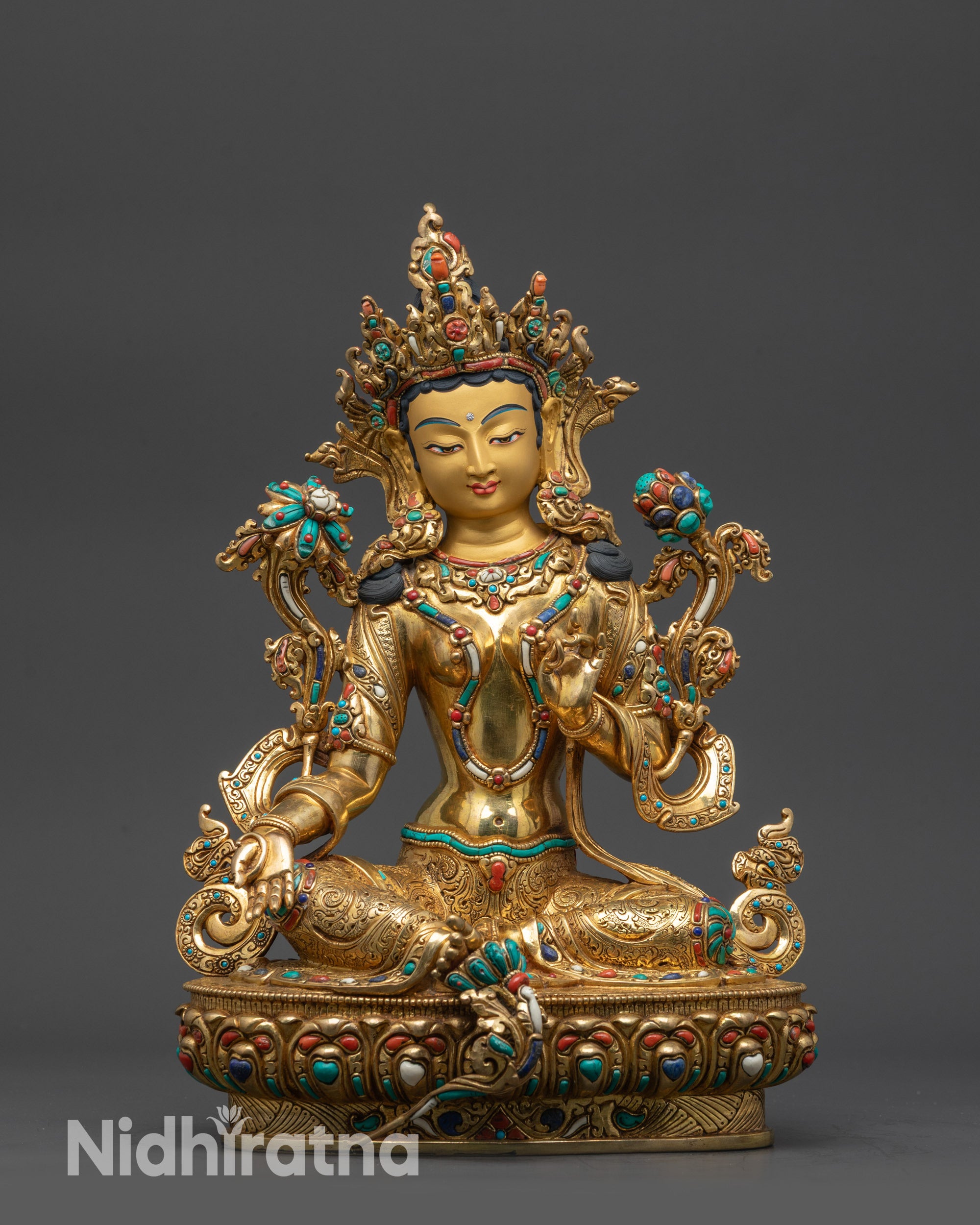 Front view Supreme Mother Green Tara Statue on lotus seat, gold-gilded face, semi-precious stones