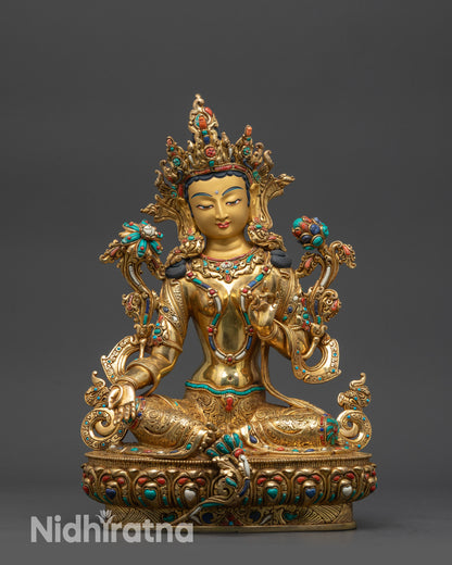 Front view Supreme Mother Green Tara Statue on lotus seat, gold-gilded face, semi-precious stones