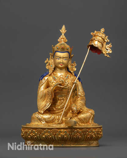 Front view Tantric Guru Norlha statue on lotus seat with gold fire-gilded base
