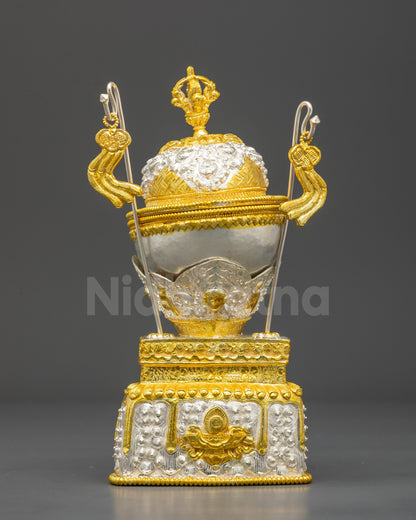 Front view Tantric Kapala gold and silver-plated with filigree and auspicious symbols