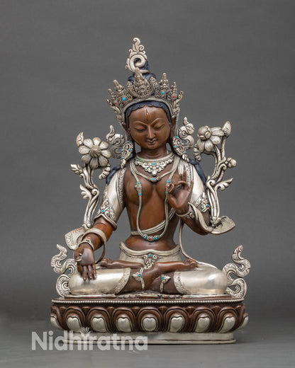 Front view Tara of Healing and Compassion statue, copper with oxidized silver-plated finish
