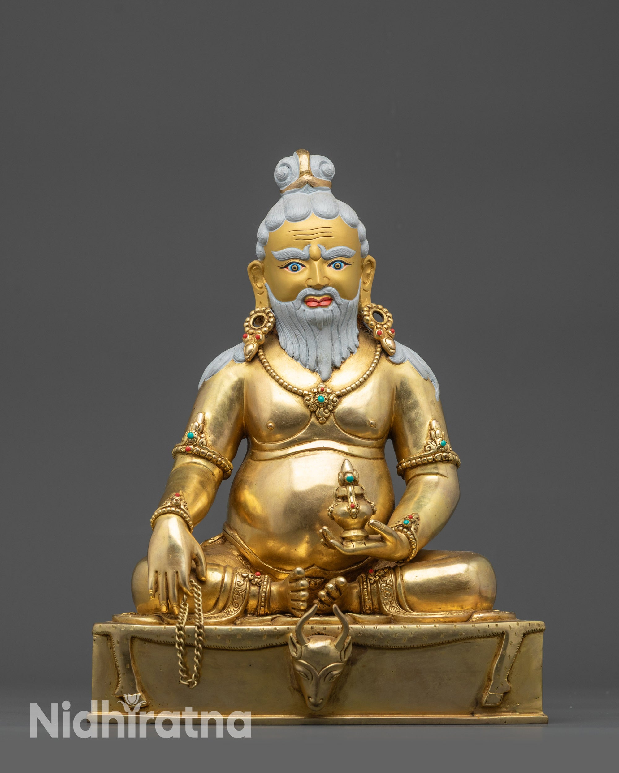 Front view Thangtong Gyalpo 24K gold gilded statue with ornate jewelry