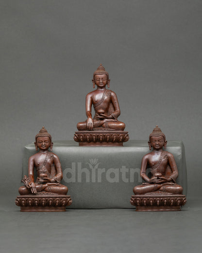 Front view Three Buddha Set, handcrafted Nepalese copper, Shakyamuni, Amitabha, Medicine