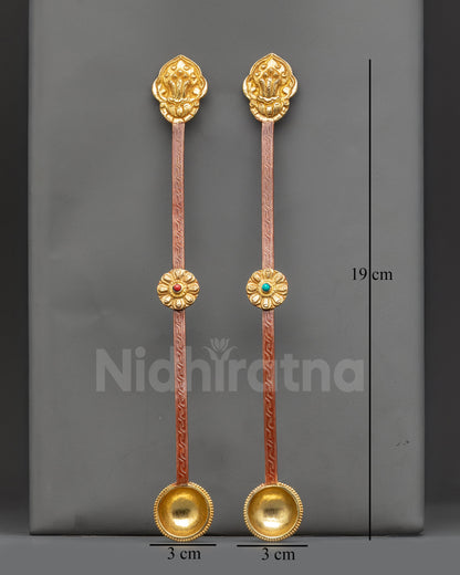 Front view Tibetan Altar Spoon with Conch Shell engraved handle