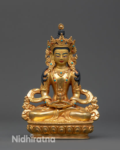 Front view Tibetan Amitayus Buddha statue with lotus seat and ornate detailing