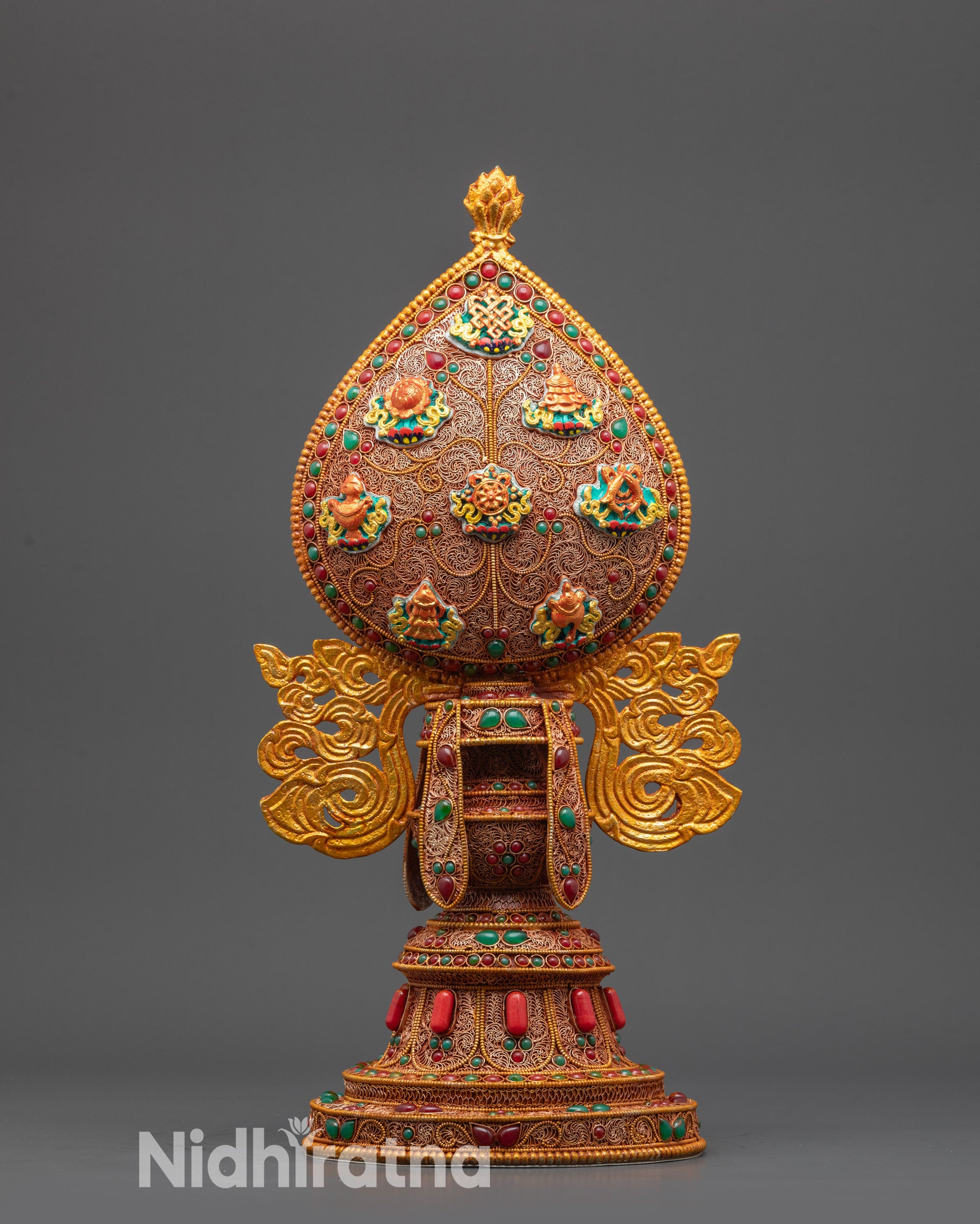 Front view Tibetan Ashtamangala with Eight Auspicious Symbols and gold-plated filigree
