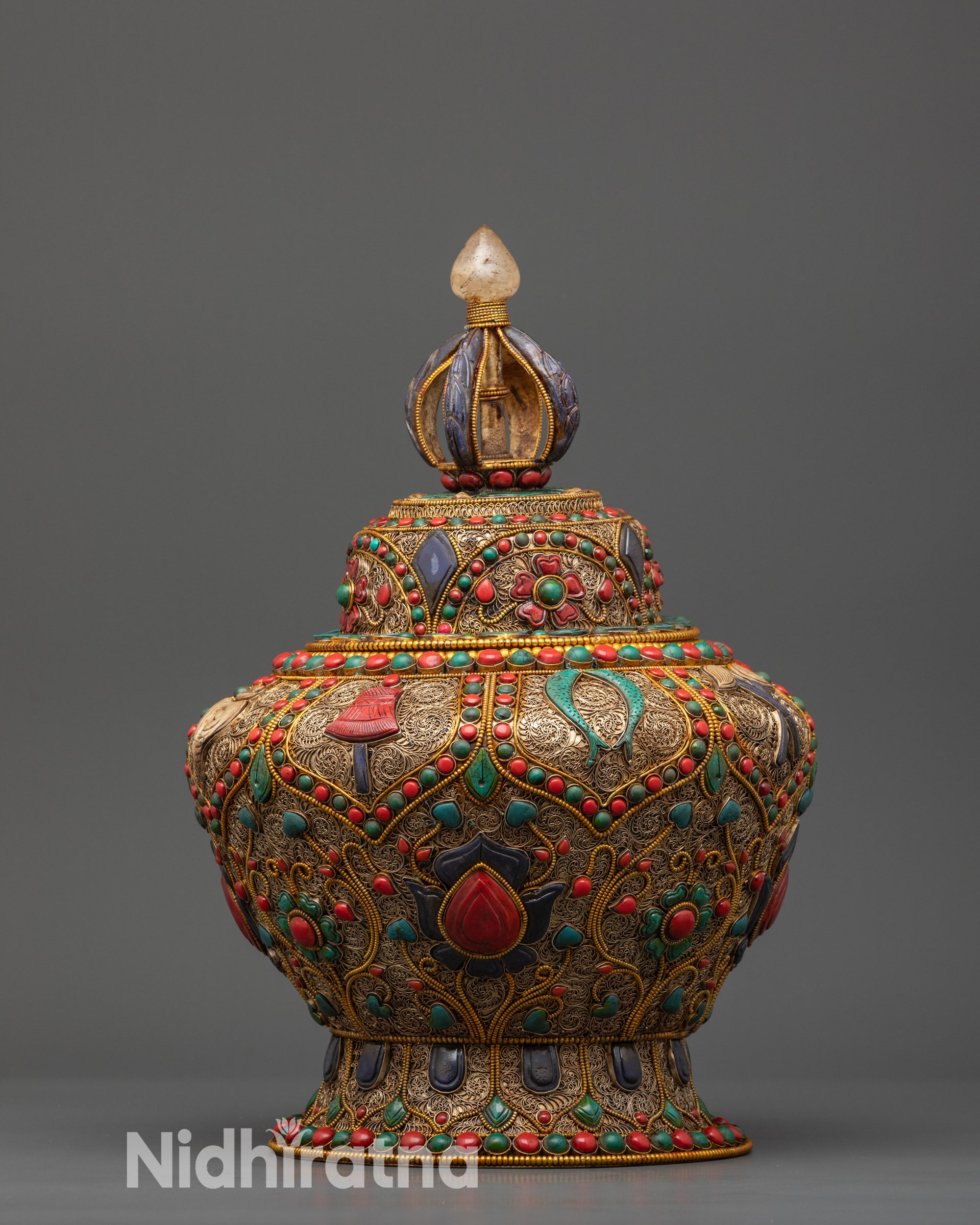 Front view Tibetan Auspicious Rice Pot with copper filigree and semi-precious stones
